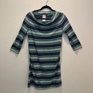 Patagonia Kamala Dress Blue Striped Cowl Neck 3/4 Sleeve Large